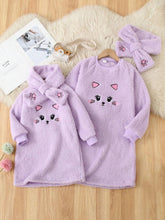 1pc Purple Cat Embroidered Casual Dress For Little Girls, Soft Fleece Warm Outfit